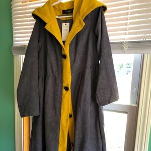 Long dark gray corduroy jacket with mustard trim
